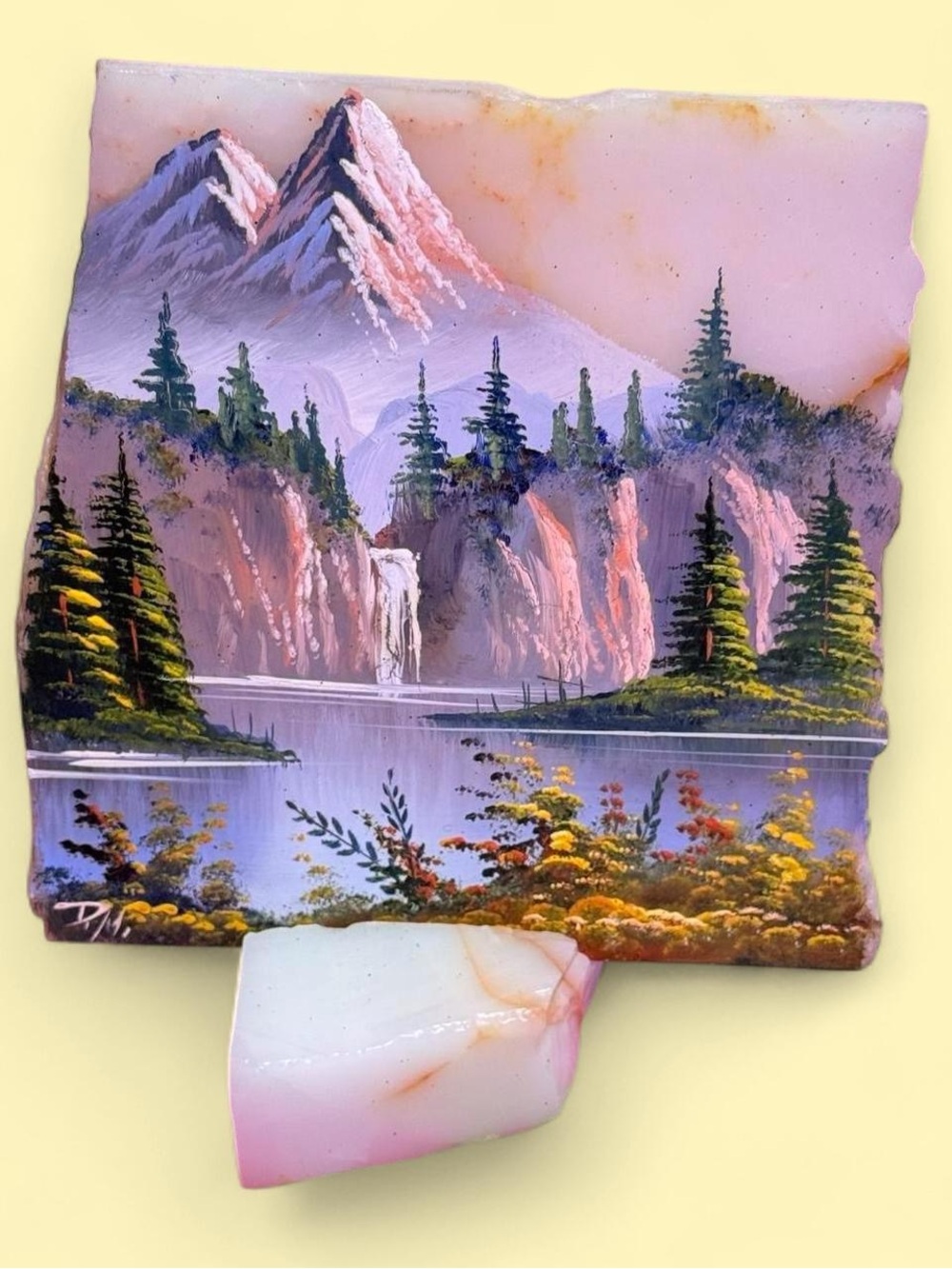 Vintage Hand Painted Mountain Landscape Marble Tile Art with Stone Stand